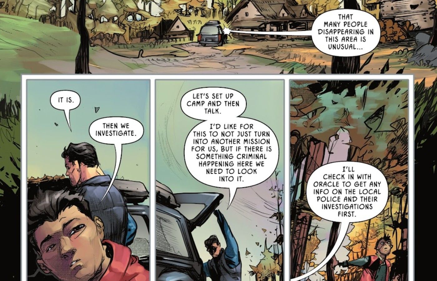 Painéis de quadrinhos: Batman e Robin Bruce Wayne e Damian Wayne investigam um acampamento.