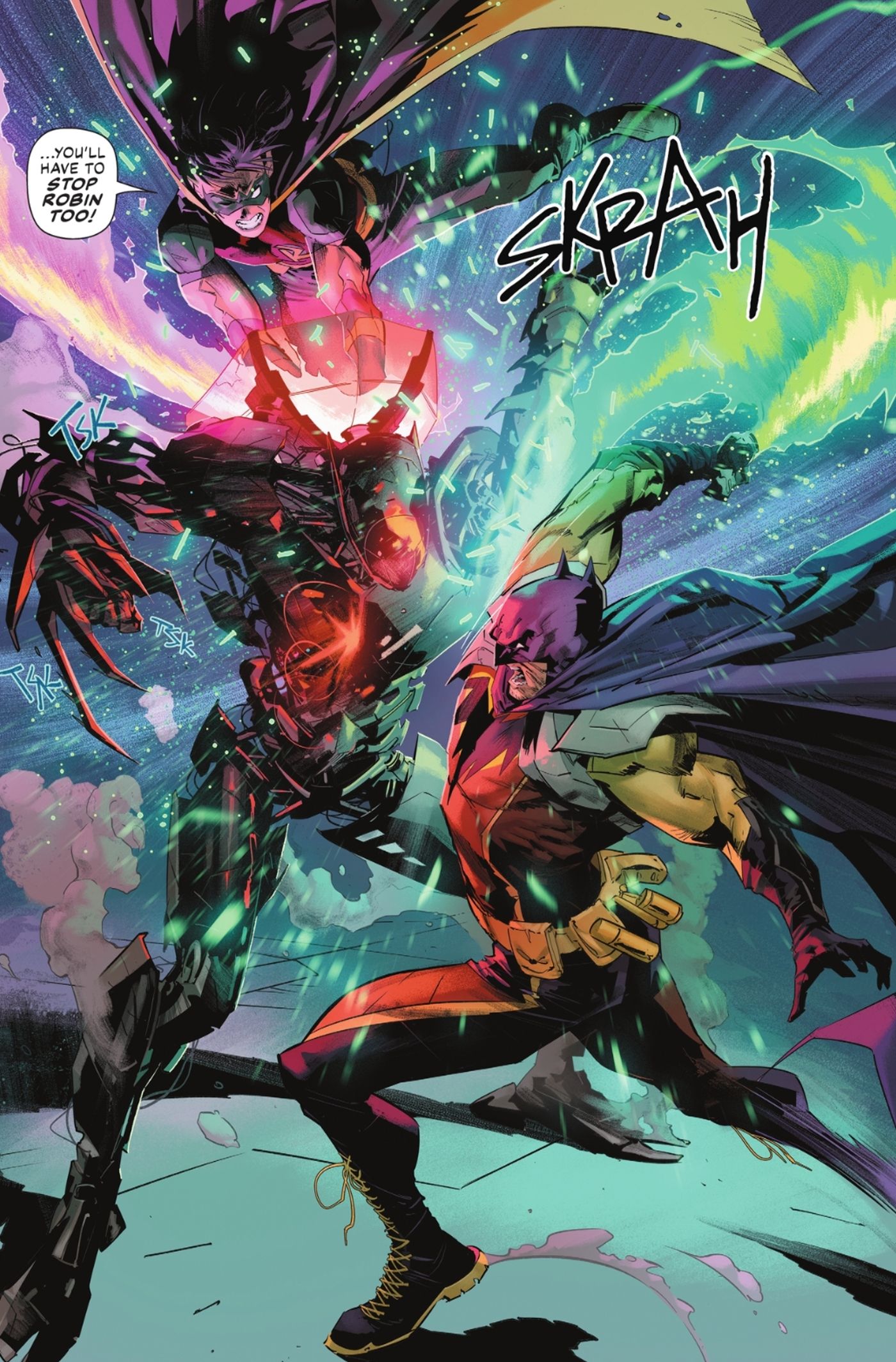 Batman e Robin lutando contra falhas DC