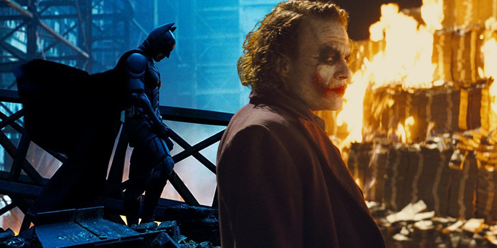 Batman standing in rubble and the Joker burning money in The Dark Knight