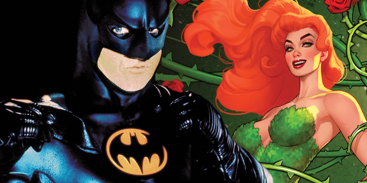 Split image of Michael Keaton as Batman in Batman (1989) and Poison Ivy in DC Comics