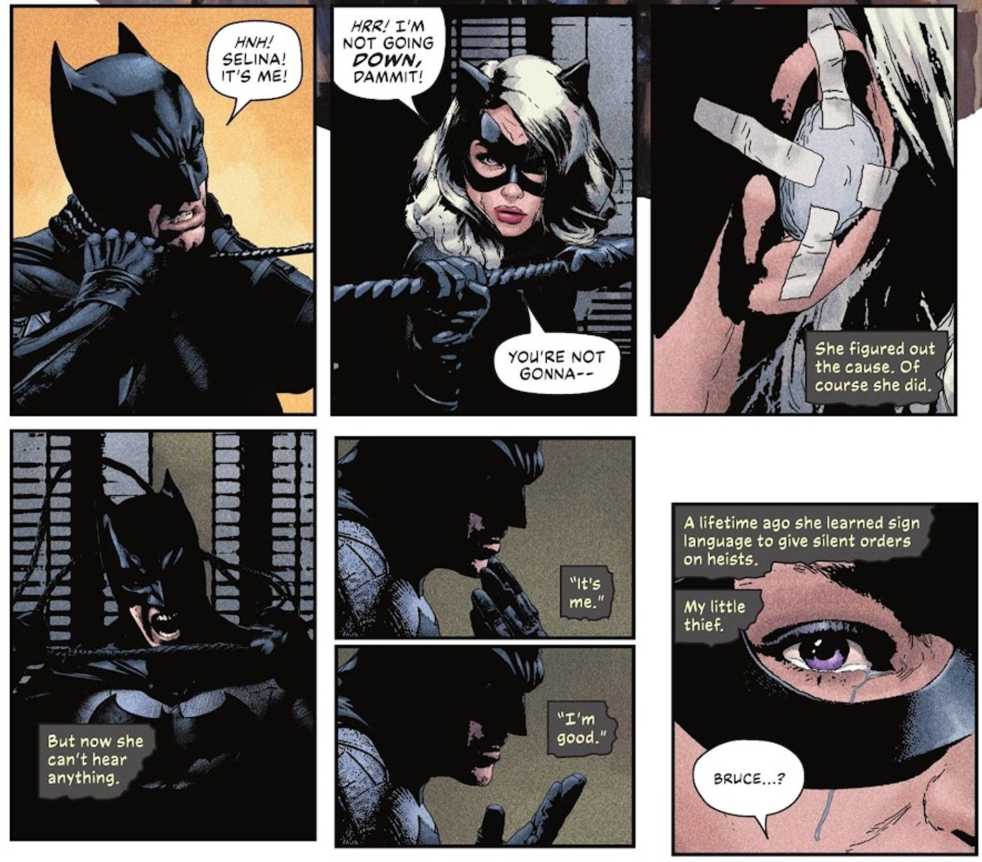 Comic book panels: Batman and Catwoman communicate using sign language.