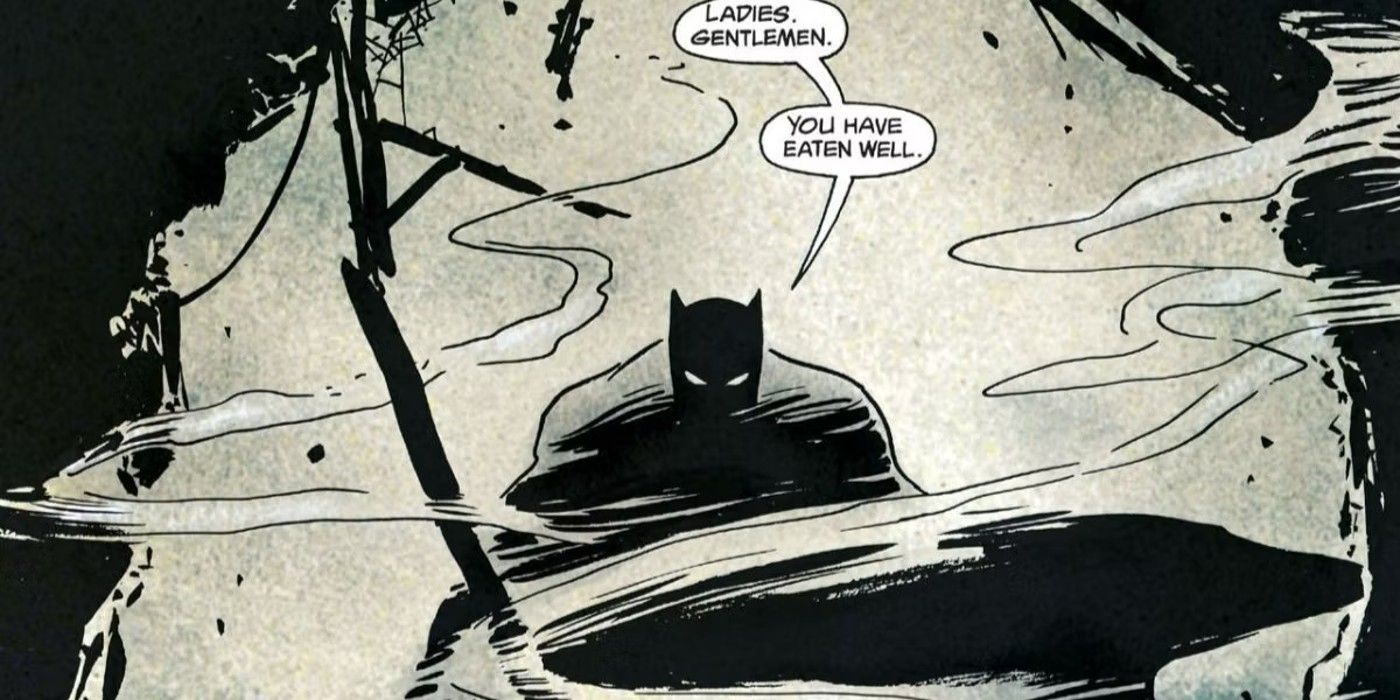Comic book panel: Batman visible through smoke.