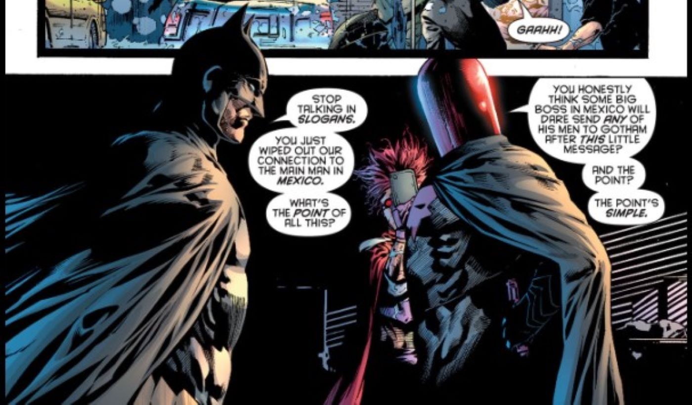 Batman & Robin Batman Reborn featuring Batman telling Red Hood to stop talking in slogans