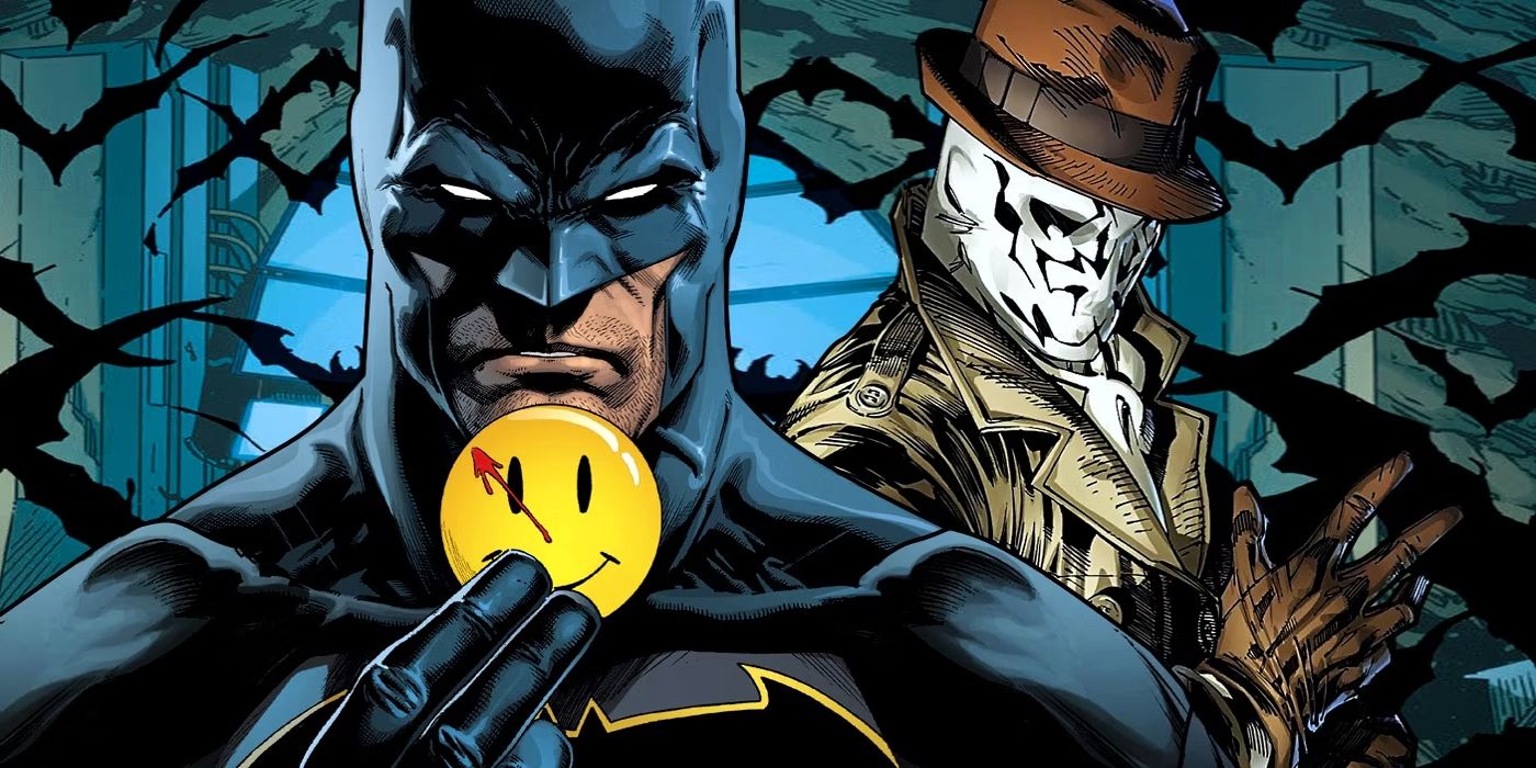 Batman (left, foreground) holds up Watchmen smiley face pin; Rorschach (right, background) looms over his shoulder