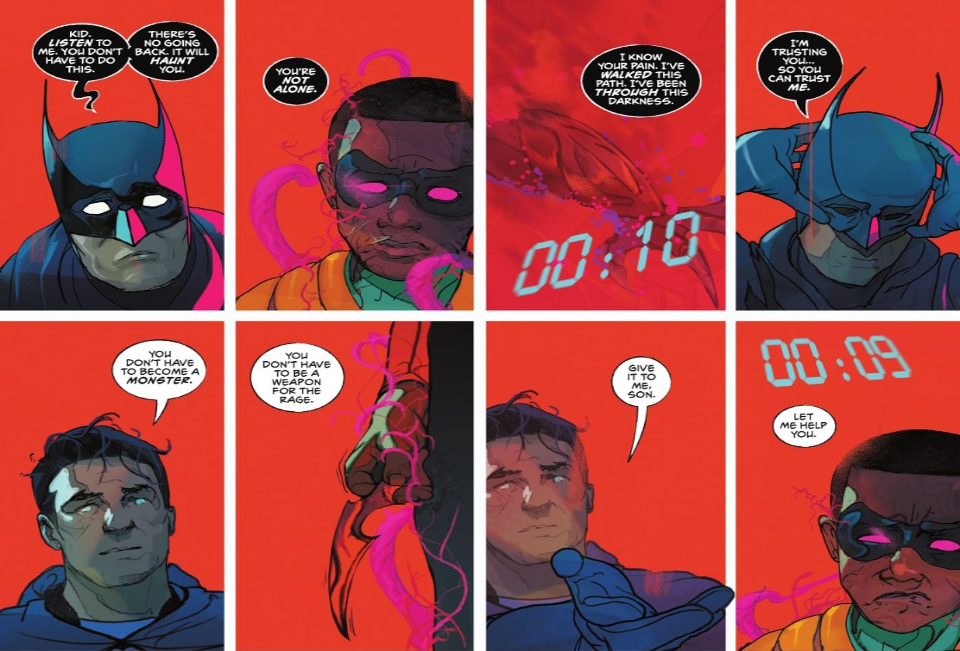Batman: City of Madness #3, Batman (desmascarado) convence Jeyvone a sair de seu plano de vingança