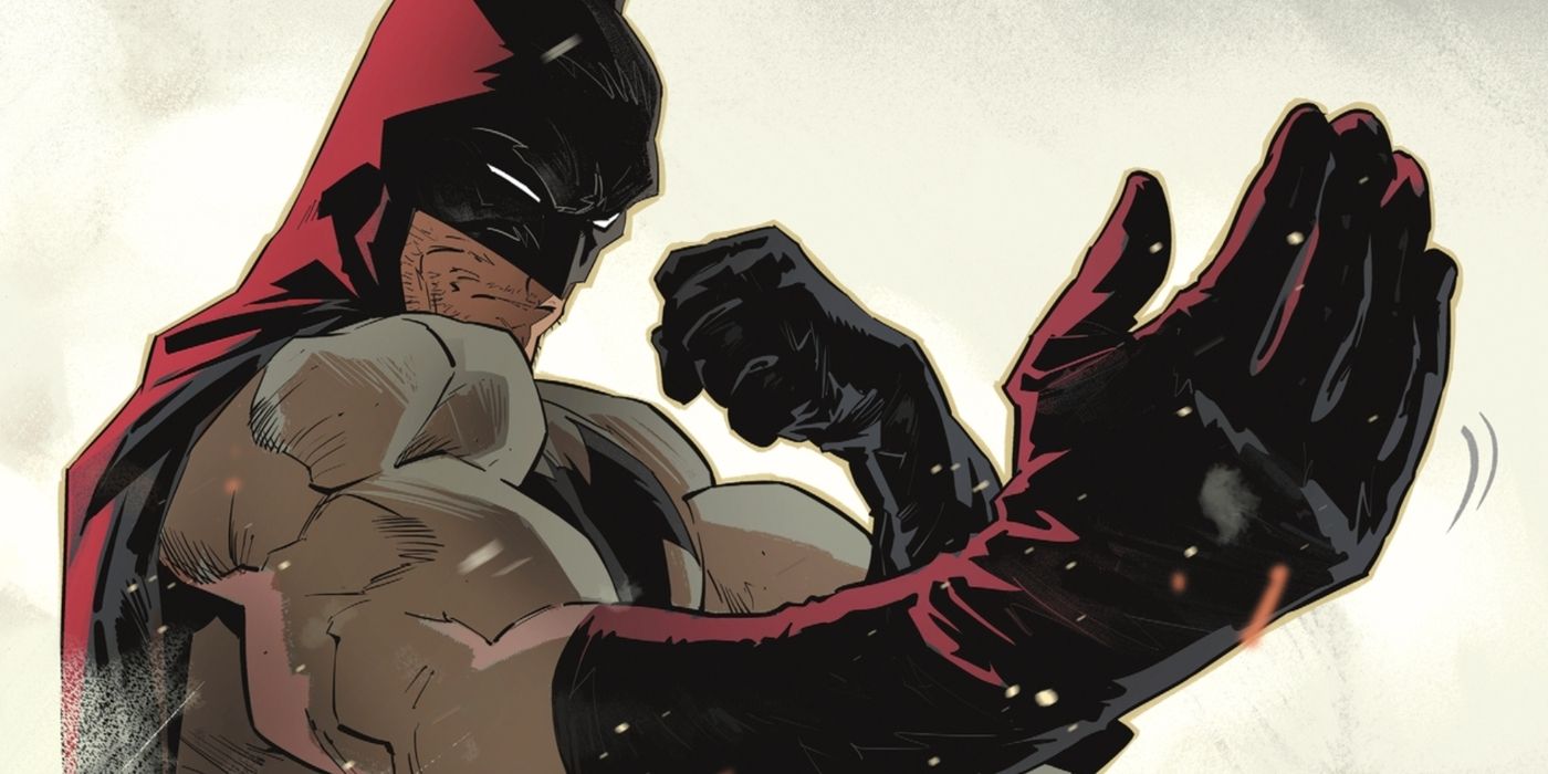 Batman in a karate stance, inviting an attack from an off-panel opponent with one hand while guarding with the other.