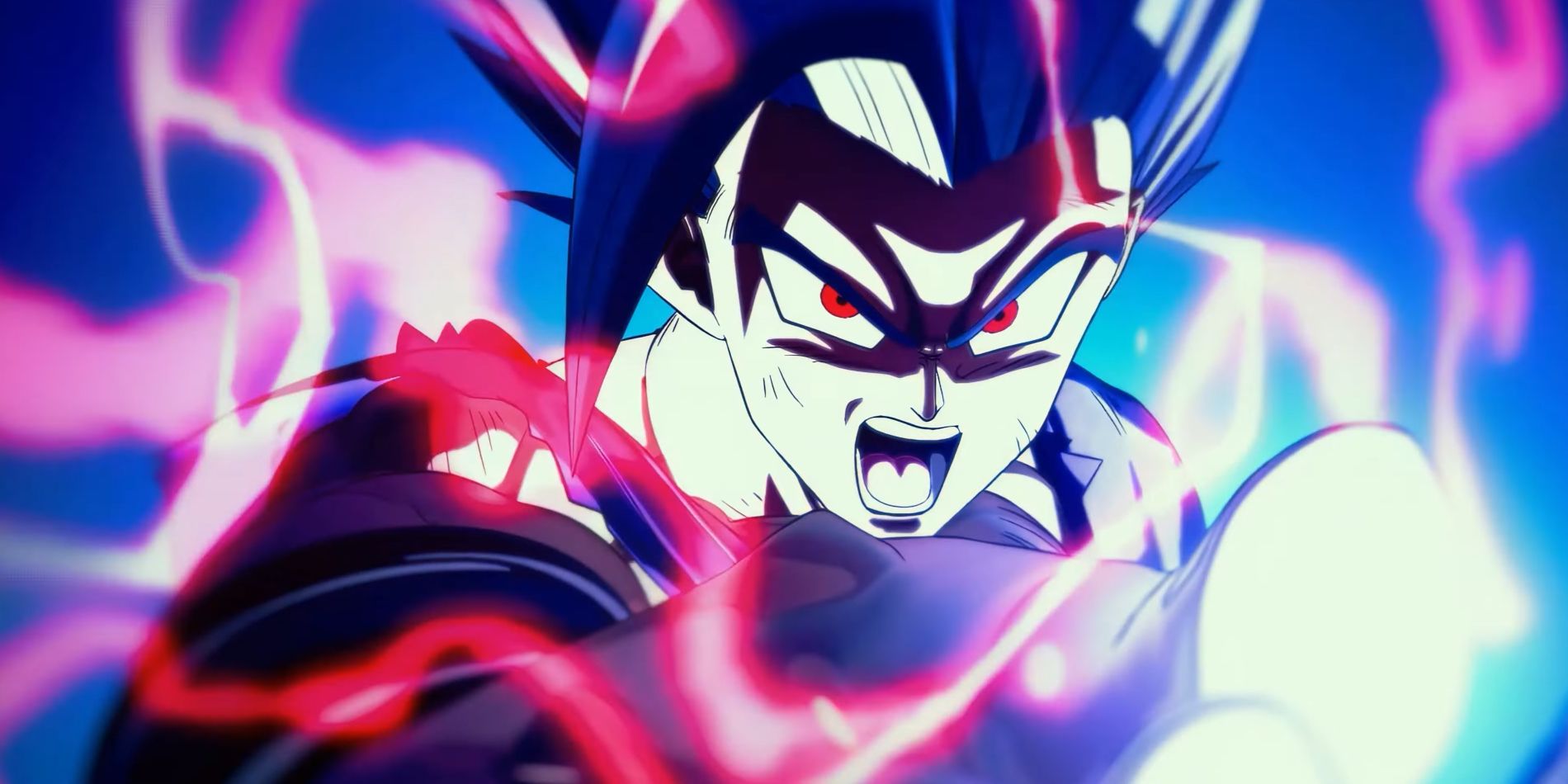 Screenshot from DRagon Ball Super Hero movie shows Beast Gohan yelling and surrounded by red lightning as he is about to launch his special beam cannon.