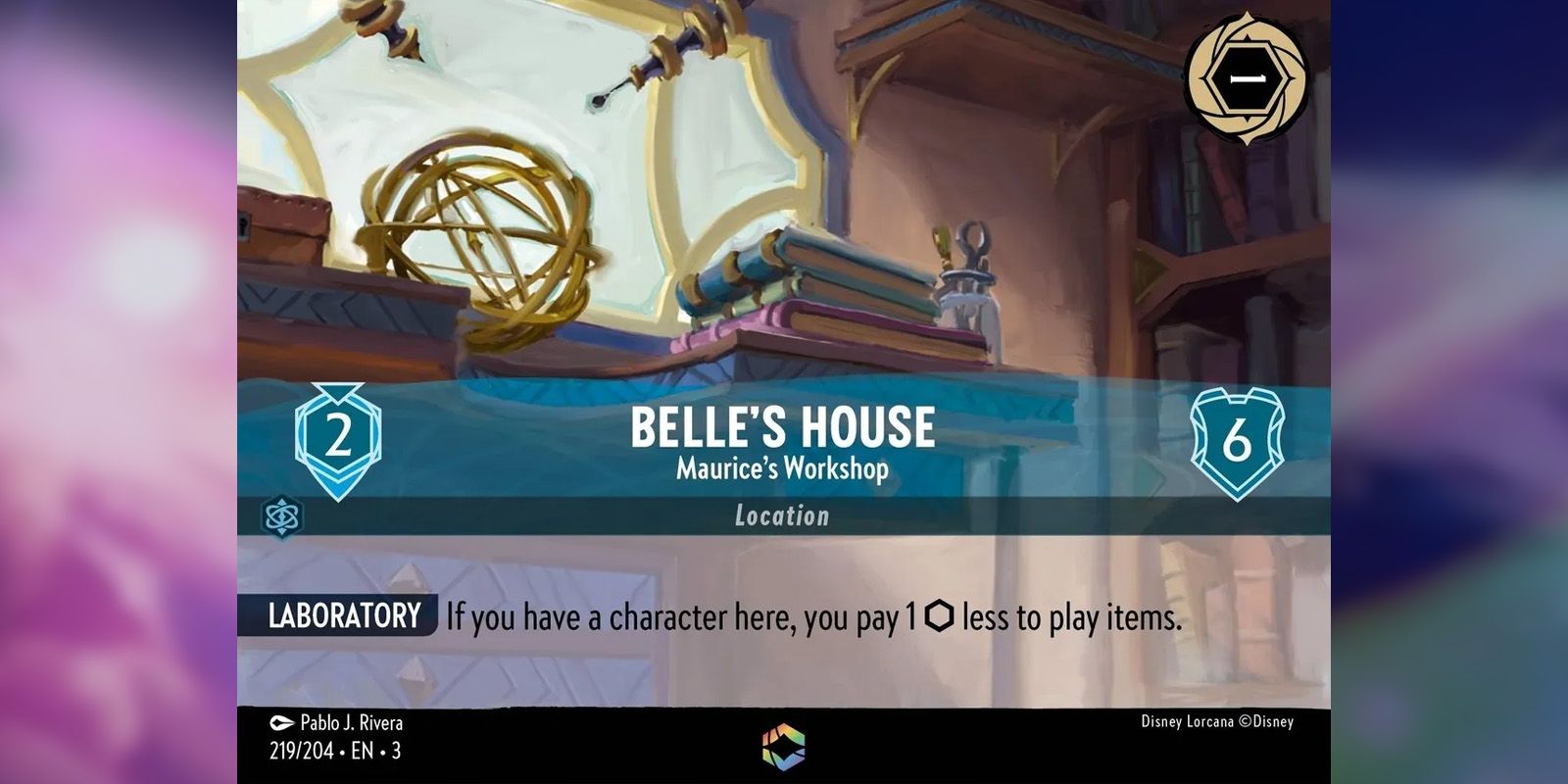 Belle's House Maurice's Workshop Disney Lorcana Enchanted Card mostrando uma pilha de livros sobre uma mesa.