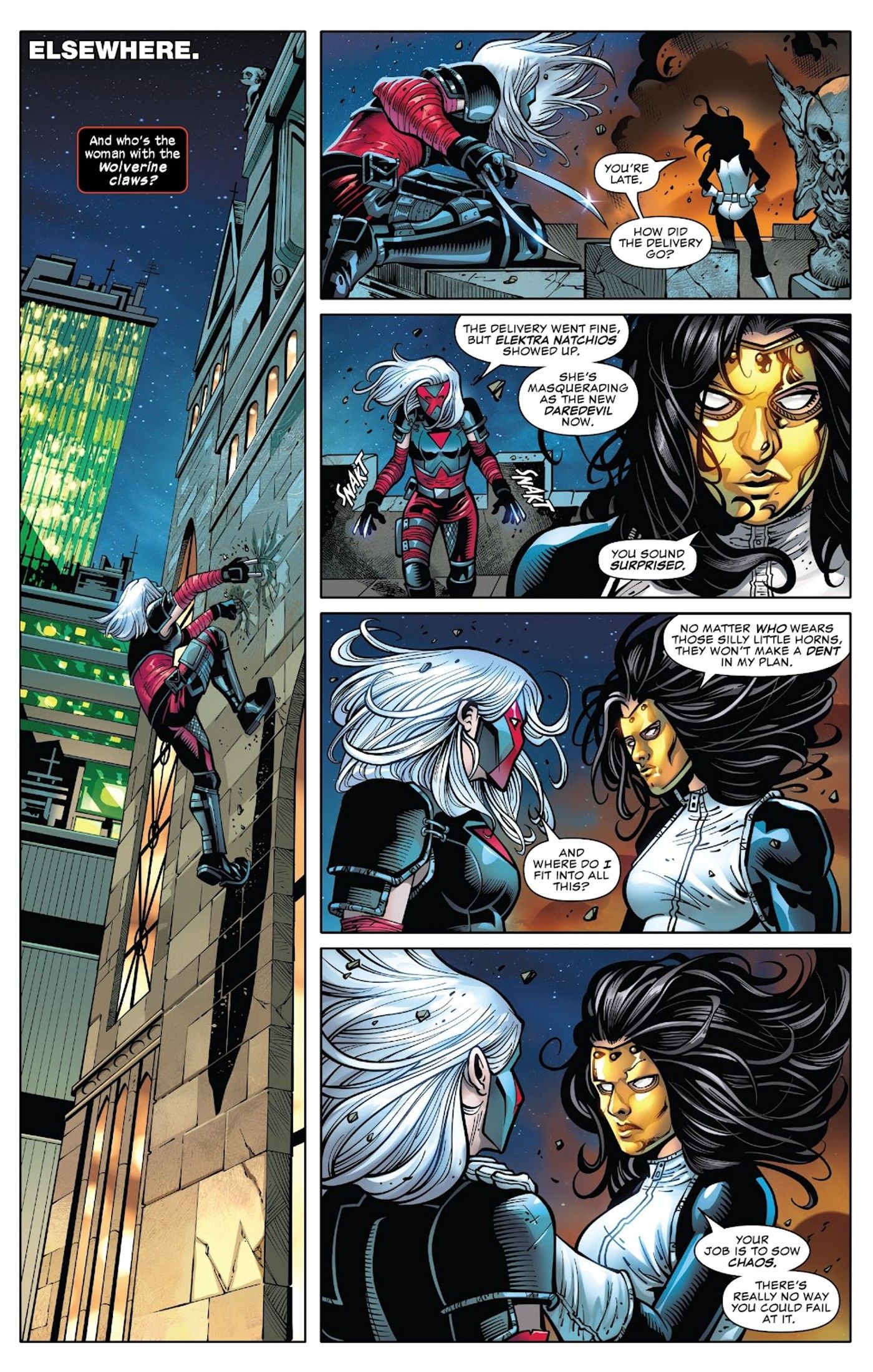 Bellona and Madame Masque talk on a rooftop