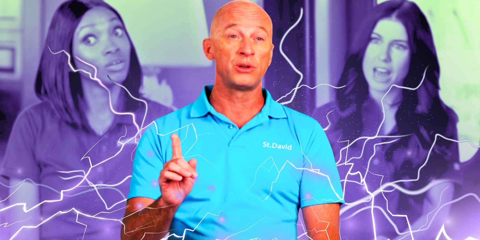 Below Deck’s Captain Kerry and Med’s Tumi and Natalya with purple lightning bolts