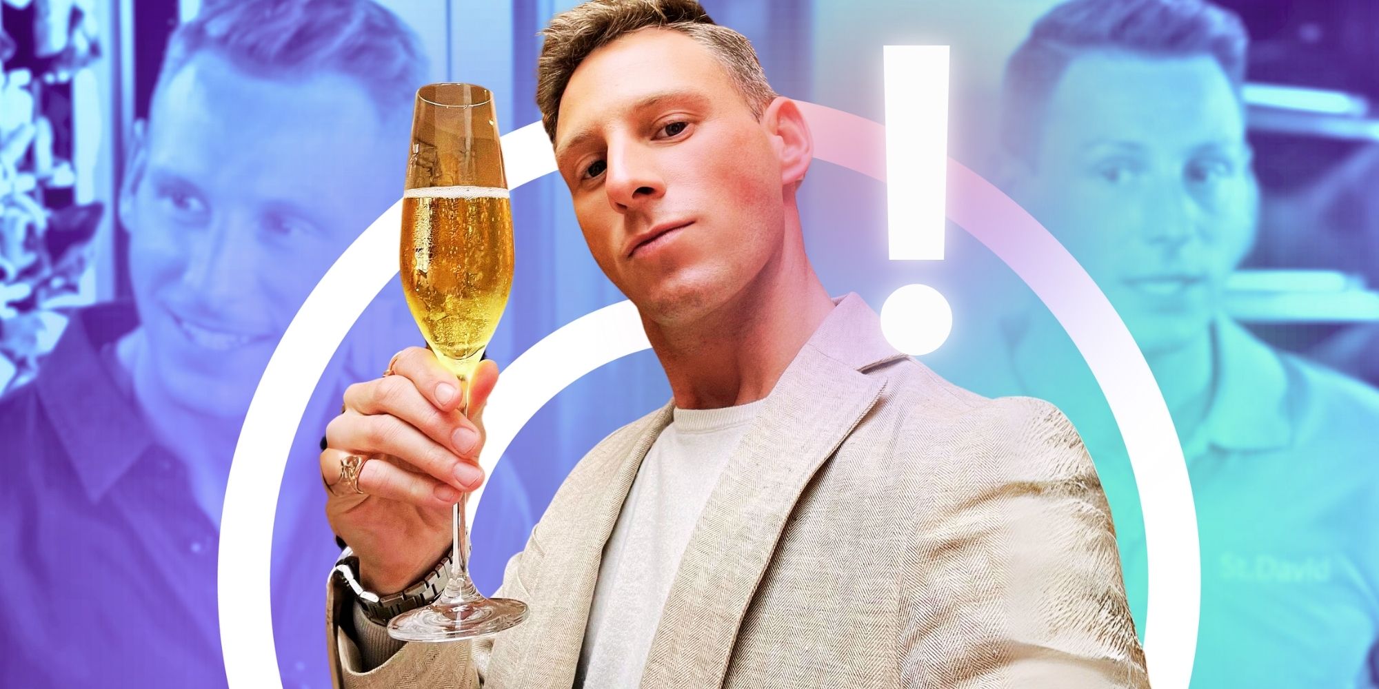 Montage of Below Deck Season 11 Star Fraser Olender, holding a champagne glass