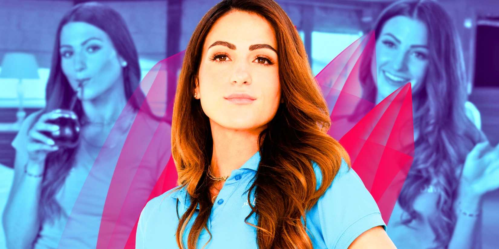 Montage of Below Deck Season 11's Barbie Pascual smiling and posing blue filtered background with hot pink