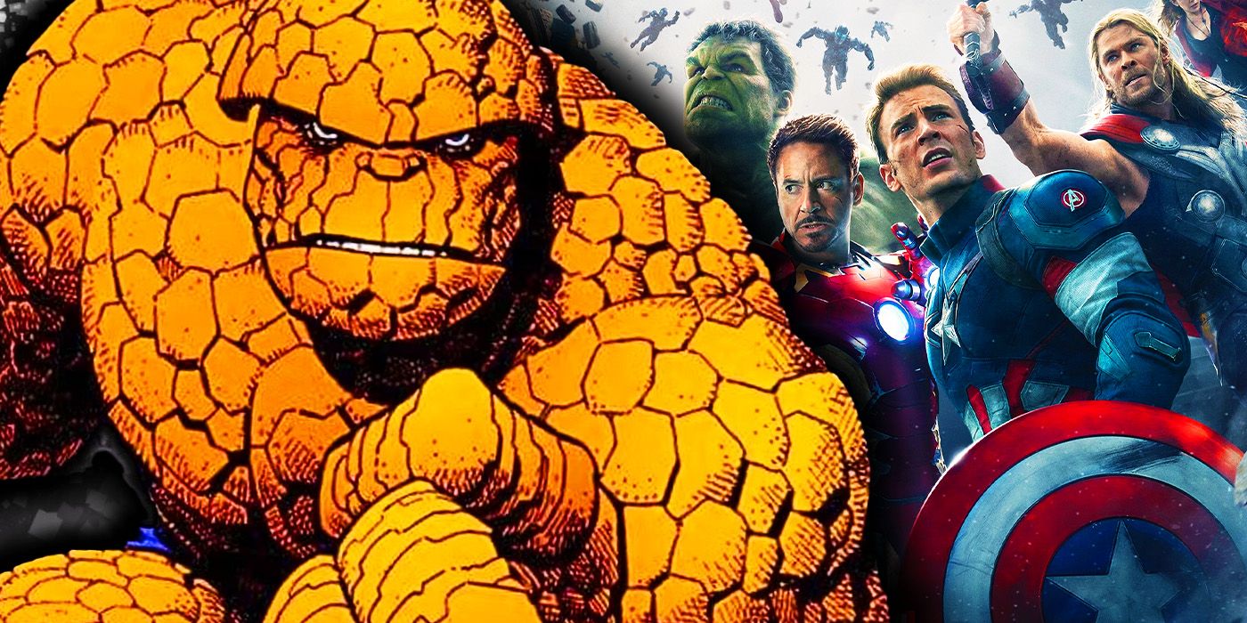 Ben Grimm with the Hulk, Iron Man, Captain America and Thor in Avengers Age of Ultron