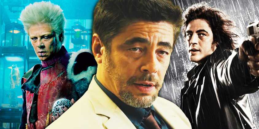 benicio del toro in Sicario, Guardians of the Galaxy, and Sin City