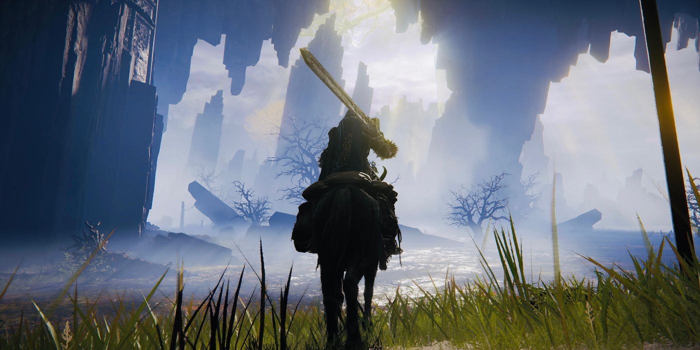 A player overlooking a cavern on horseback with a large sword swung over their shoulder in Elden Ring