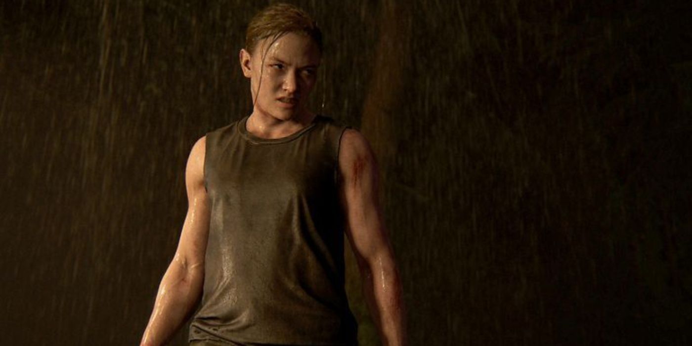 Abby berdiri di tengah hujan di The Last of Us: Part 2