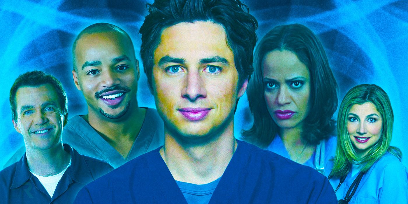 A custom image of various Scrubs characters with Zach Braff's JD in the middle