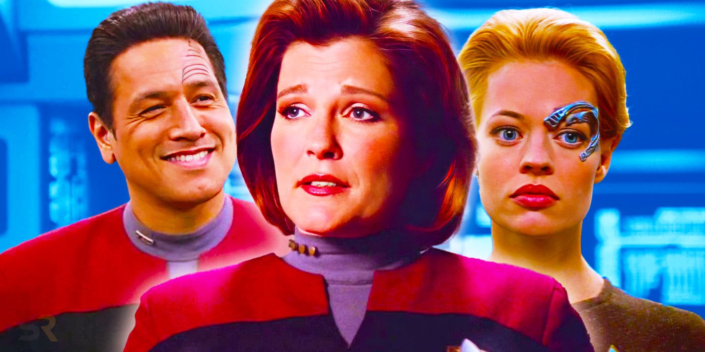 Collage of Commander Chakotay (Robert Beltran), Captain Janeway (Kate Mulgrew) and Seven of Nine (Jeri Ryan) from Star Trek: Voyager.