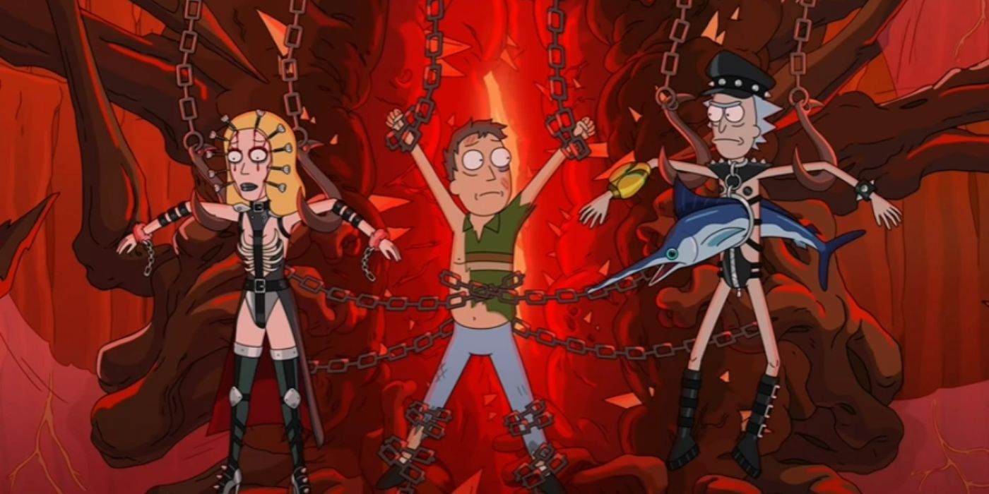 Beth, Jerry e Rick acorrentados em Rick e Morty