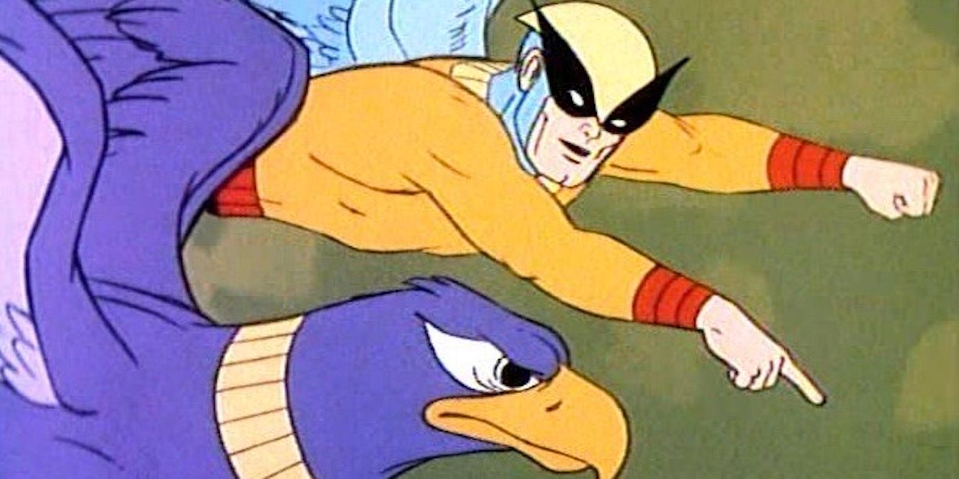 Birdman and Avenger are flying through the sky.  - Various types of superheroes fight crime on land and in space. - Birdman And The Galaxy Trio (1967-1968)