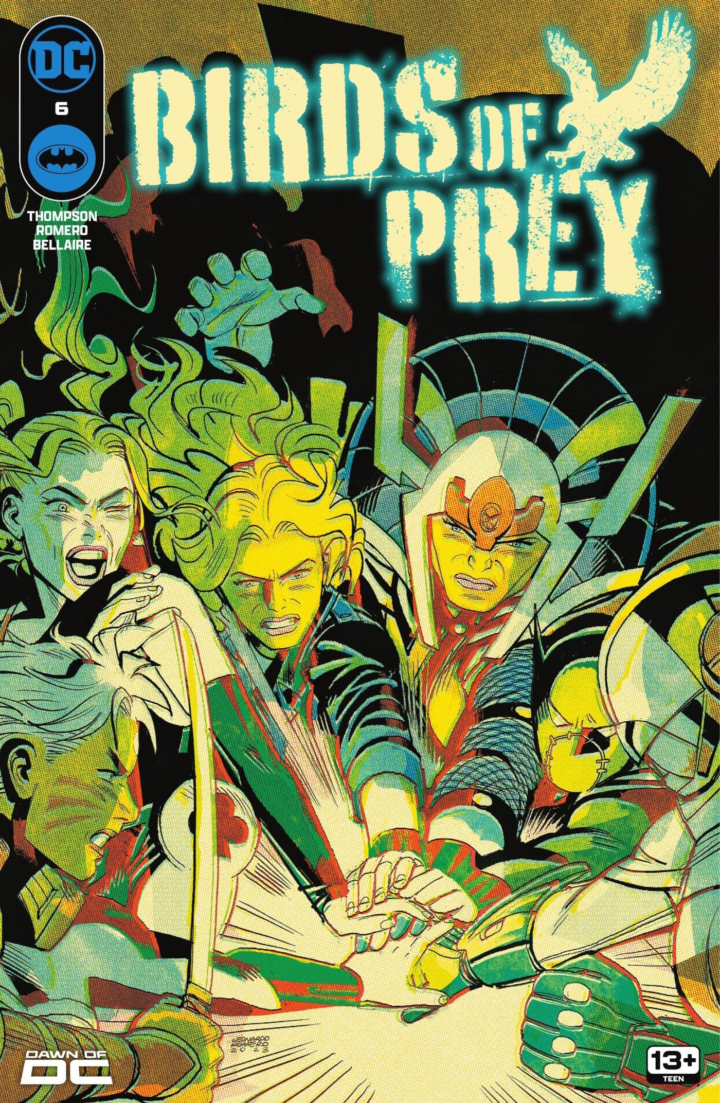 Birds of Prey 6 Main Cover: Costumed superheroes push their hands toward a glowing object.
