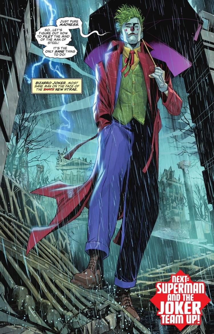 Comic book page: a sane version of the Joker who has been affected by Bizarro magic.