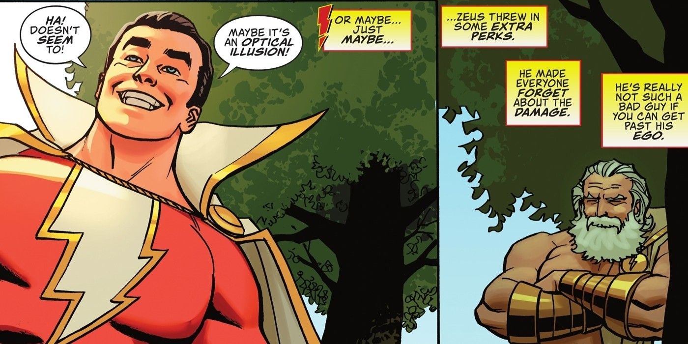 Shazam smiles at his rebuilt house while Zeus looks on.