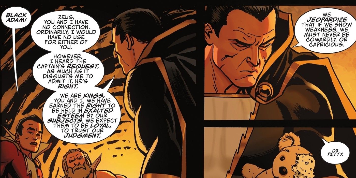 Two panels of Black Adam trying to appeal to Zeus. 