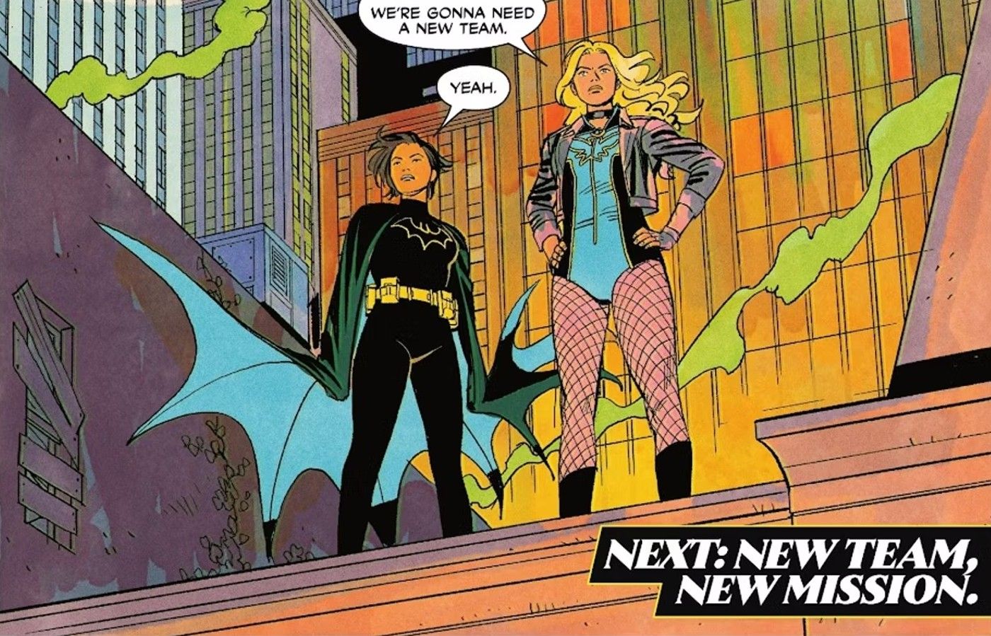 Painel de quadrinhos: Batgirl Cassandra Cain e Canário Negro estão em um telhado.