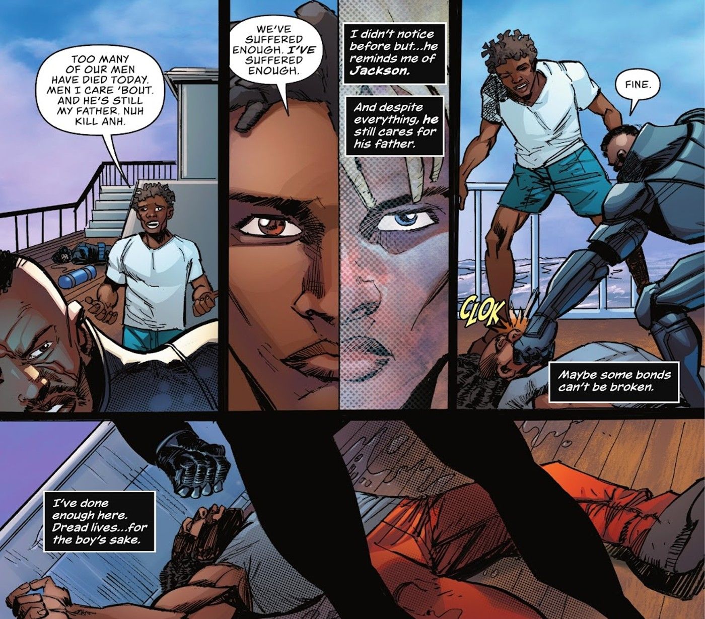 Painéis de quadrinhos: Black Manta confronta um pirata enquanto pensa em seu filho Jackson Hyde.