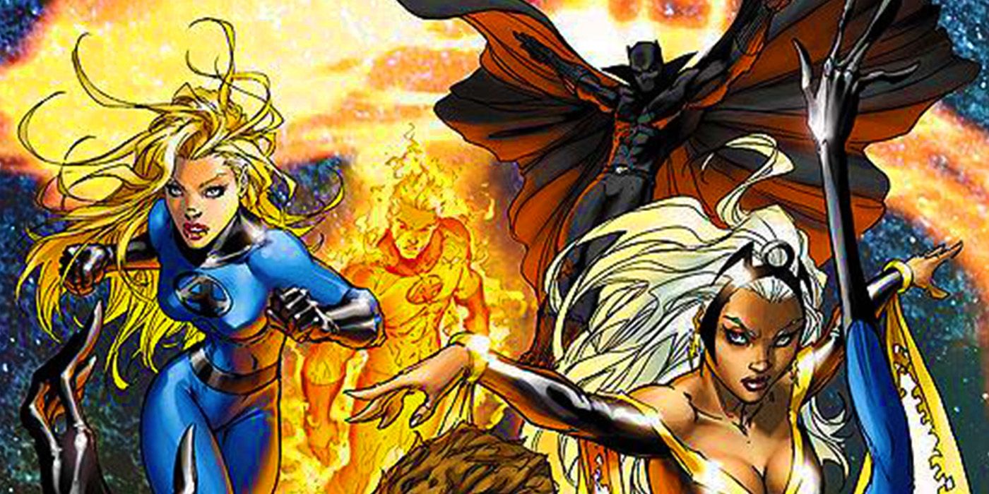 Pantera Negra e Tempestade lutando com o Quarteto Fantástico na Marvel Comics
