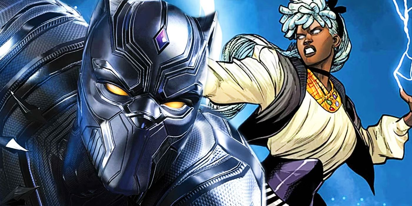 Black Panther in the foreground, wearing a high-tech version of his suit, claws extended; in the background, Storm flies, wreathed in lightning, wearing casual clothes and a vest. The two seem poised to square off.