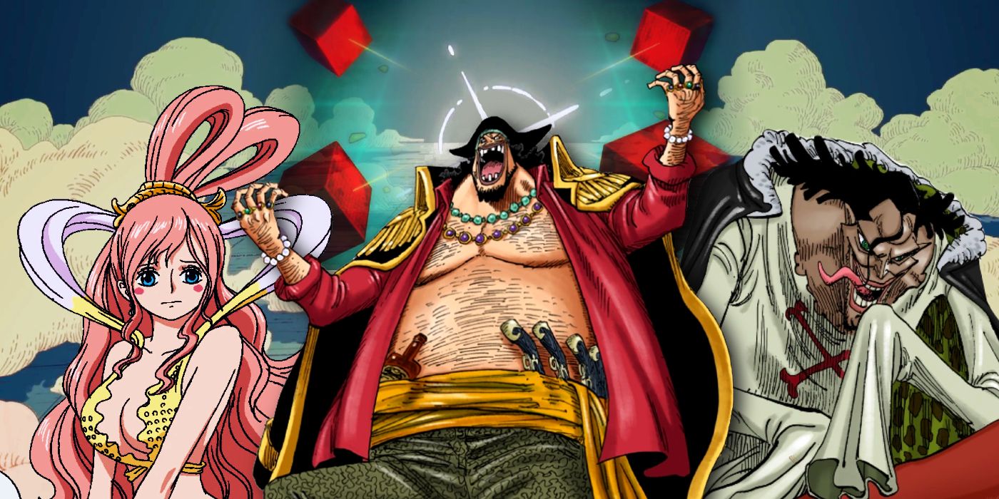 Blackbeard laughing triumphantly surrounded by poneglyphs with Shirahoshi to the left and Caribou to the right in One Piece