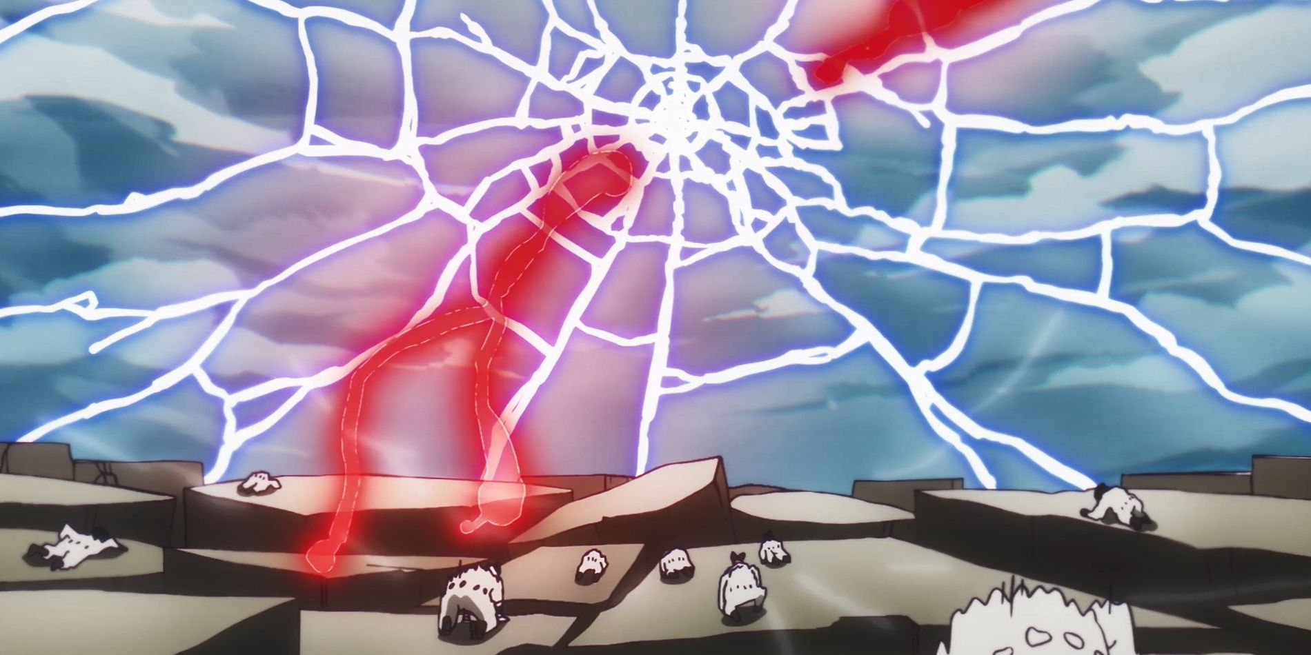 A captura de tela do anime One Piece 1093 mostra o ataque Tremor Fruit do Barba Negra desmoronando o chão onde os Piratas do Coração estão enquanto o céu mostra rachaduras se formando no Barba Negra.