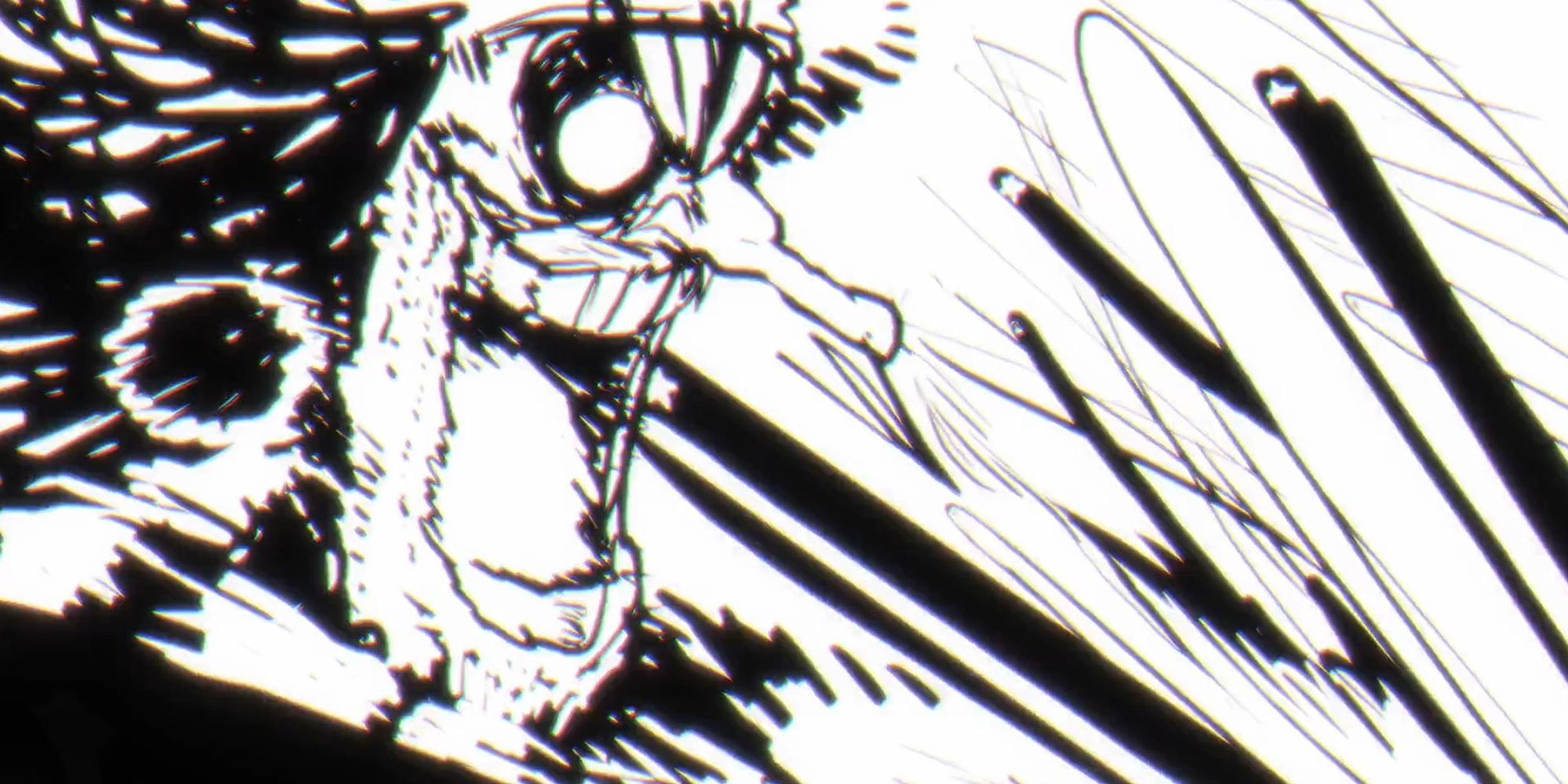 A captura de tela do anime One Piece 1093 mostra um quadro de impacto do Barba Negra lançando um ataque com um enorme sorriso ameaçador.  A imagem está em preto e branco com linhas pretas grossas.