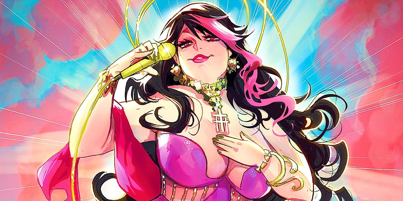 Comic book art: a dark-haired woman with a pink streak in her hair smiles at the viewer with a gold microphone in her hand.