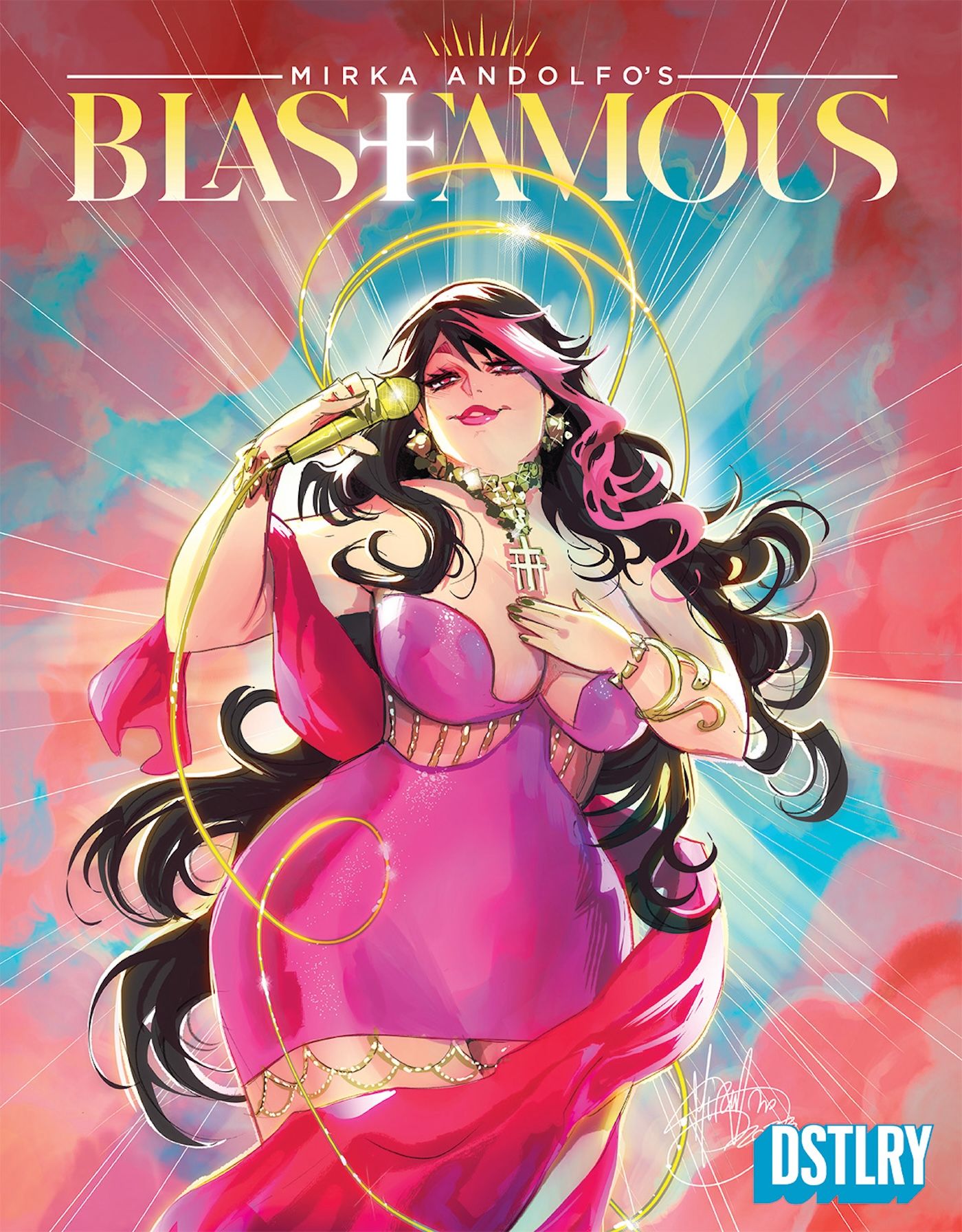 Capa principal de Blasfamous 1: uma mulher curvilínea em um vestido rosa segura um microfone dourado.