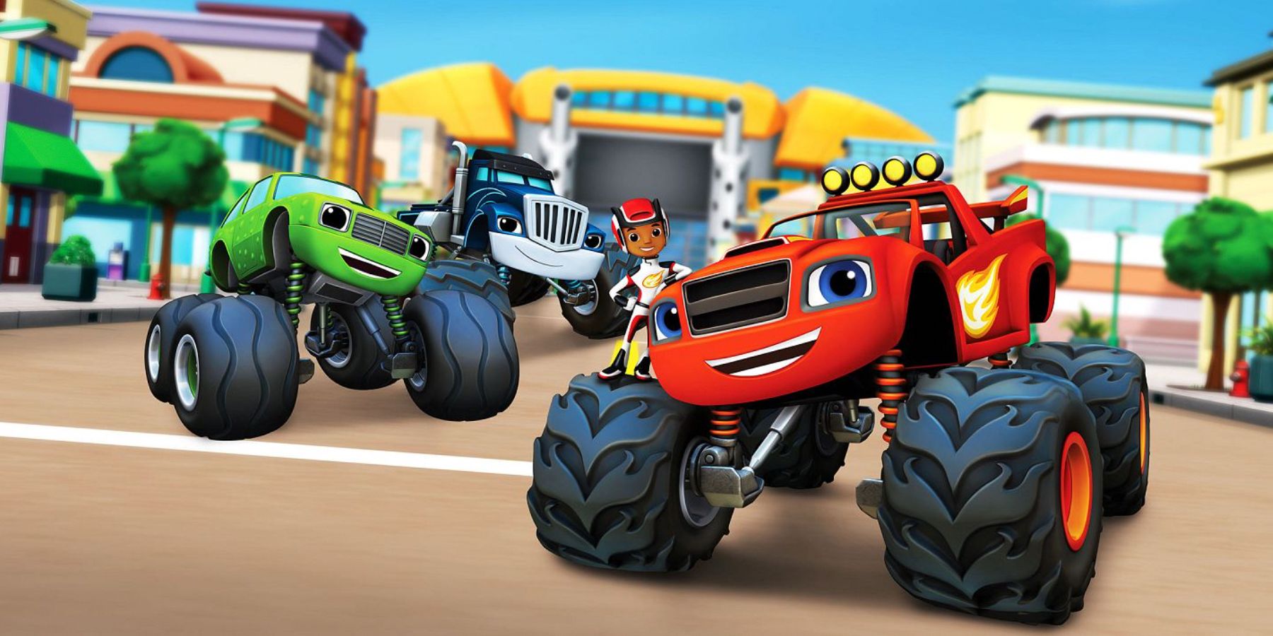 Blaze in a racing suite with his smiling monster trucks in Blaze and the Monster Machines