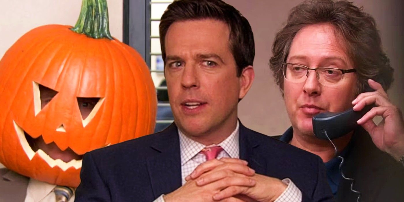 Blended image of Dwight, Andy, and Robert in The Office