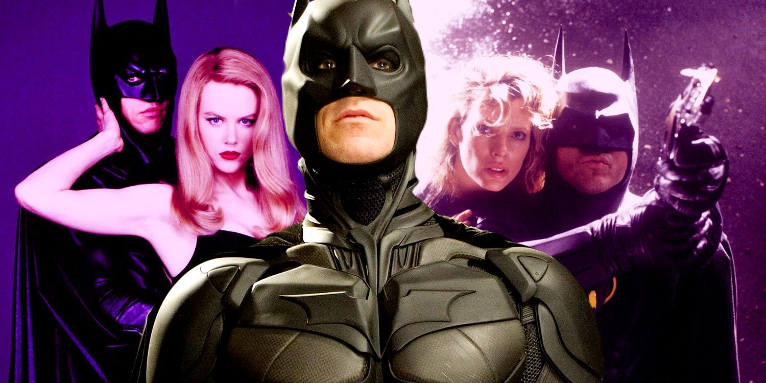Mixed image with Batman by Christian Bale, Batman by Michael Keaton with Vicki Vale by Kim Basinger and Batman by Val Kilmer with Nicole Kidman as Merridian Chase