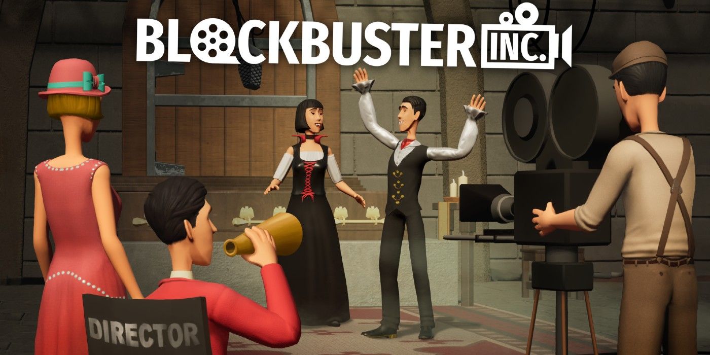 Blockbuster Inc Key Art showing a director directing a scene between a man and a woman in vampire-style attire, another person is behind the camera and a woman in a dress stands by the director.