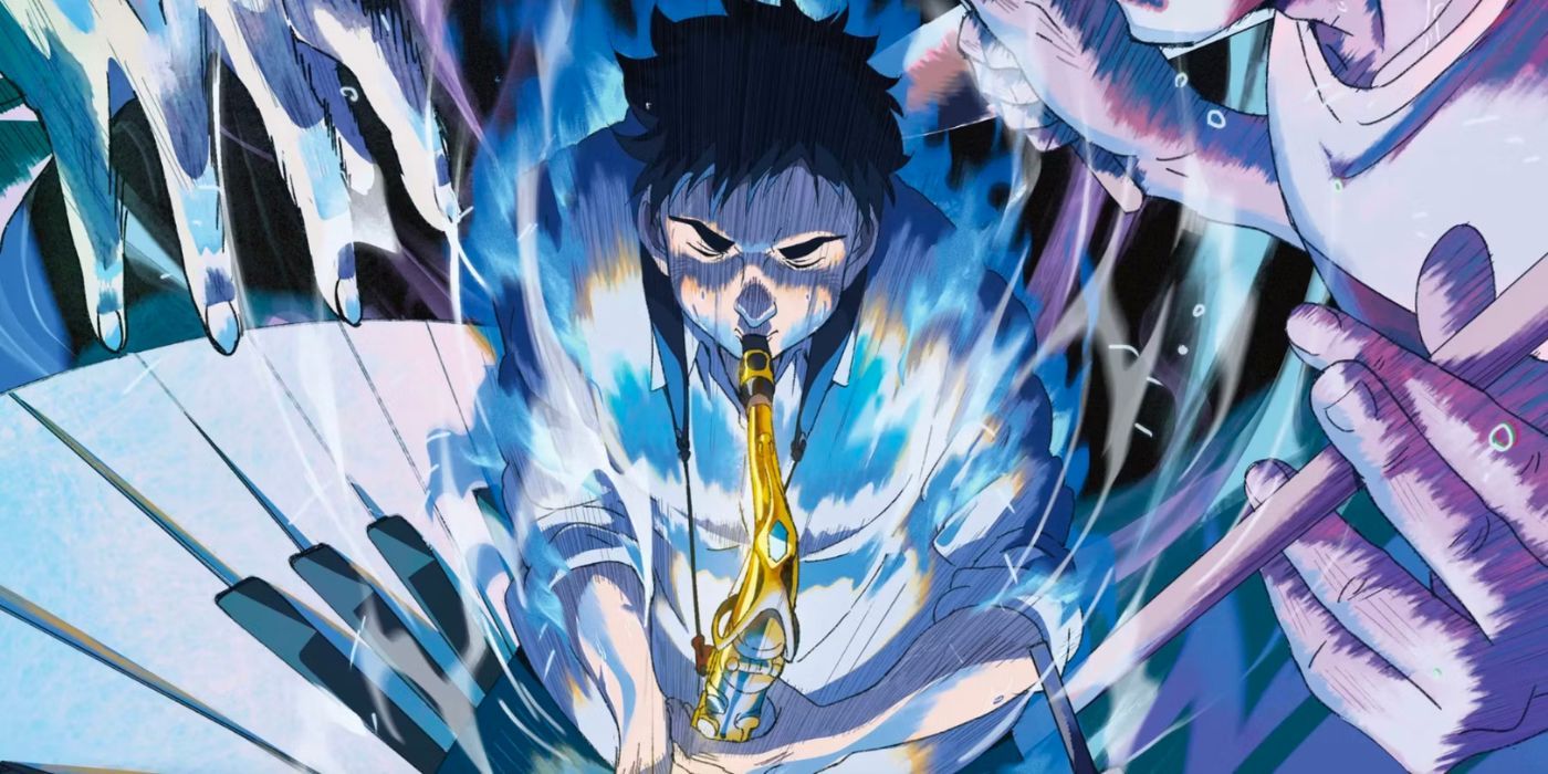 Blue Giant anime poster featuring the main character playing a saxophone with a pianist and drummer behind him.