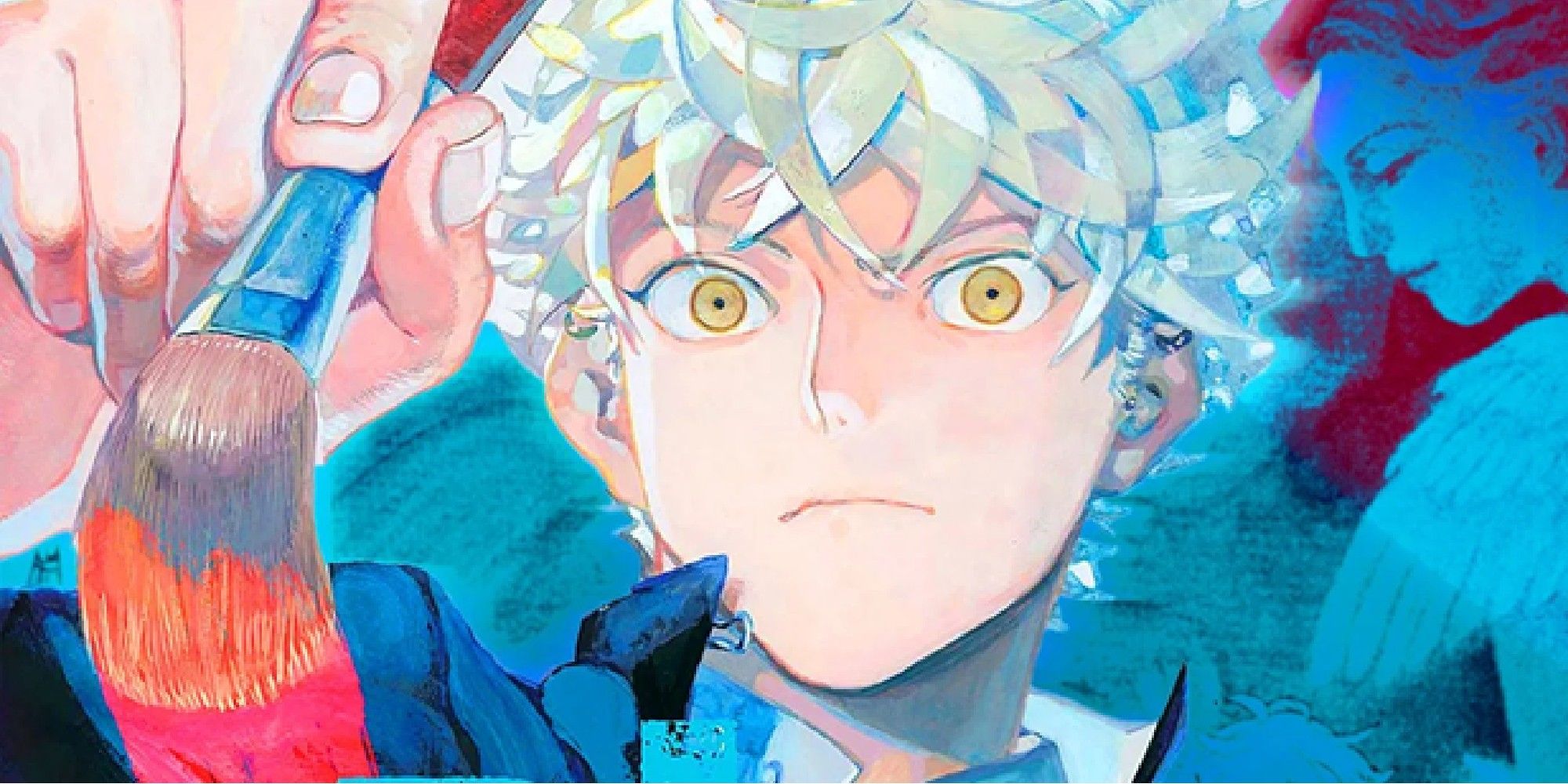 capa colorida do mangá Blue Period apresentando o personagem principal pintando com um pincel.
