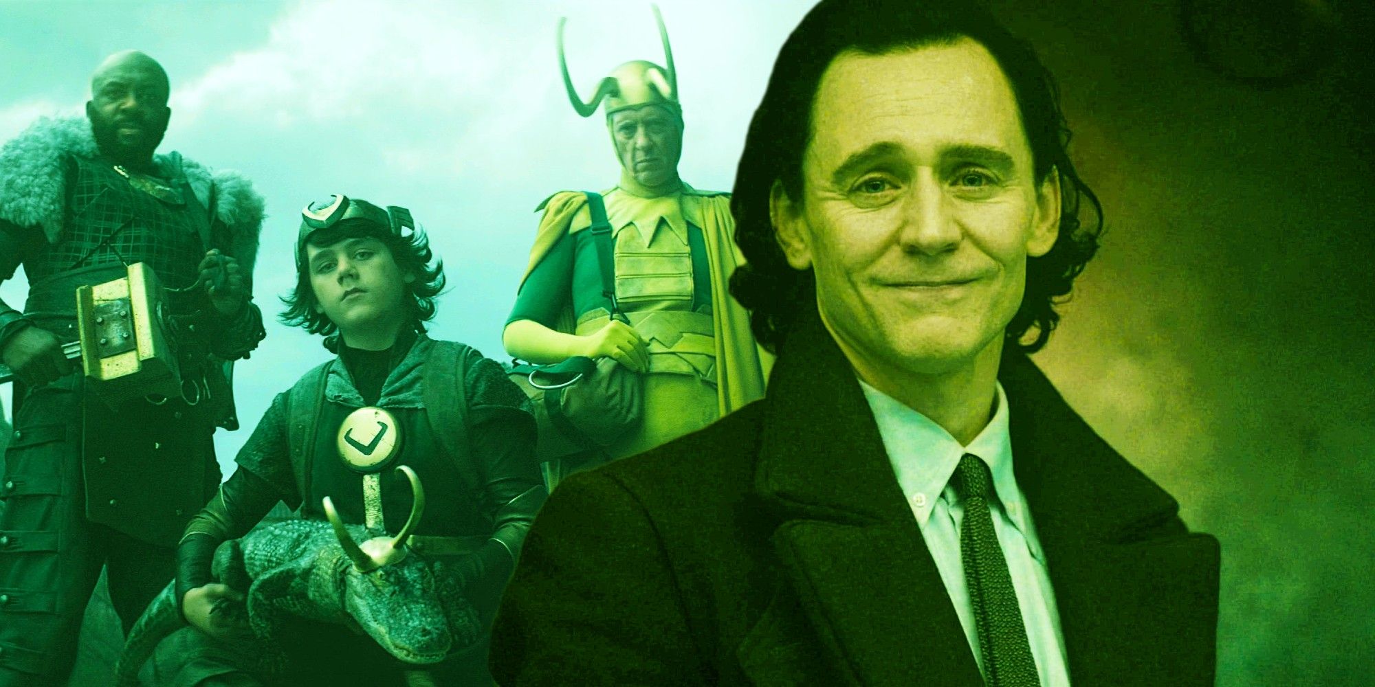 Boastful Loki, Kid Loki, Alligator Loki and Classic Loki in The Void Spliced With Tom Hiddleson as Loki Smiling Bittersweetly