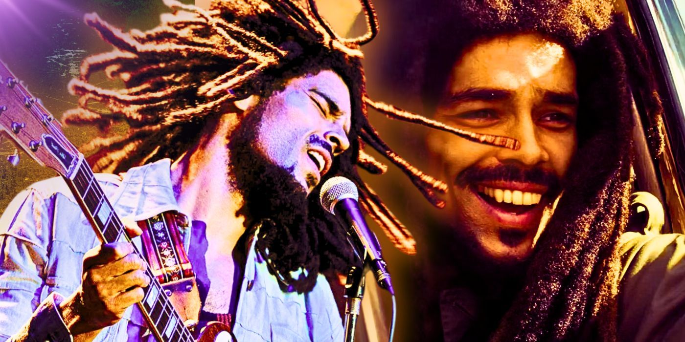 Kingsley Ben-Adir singing and smiling as Bob Marley in Bob Marley: One Love