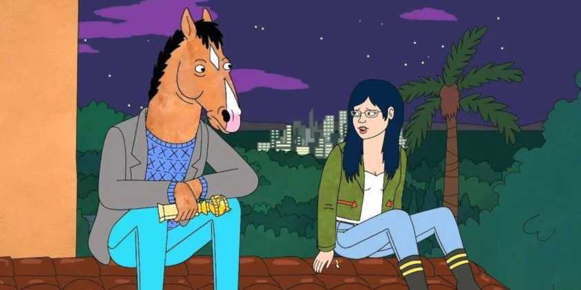 Bojack (Will Arnett) and Diane (Alison Brie) sitting on the roof in season 1 finale of BoJack Horseman 