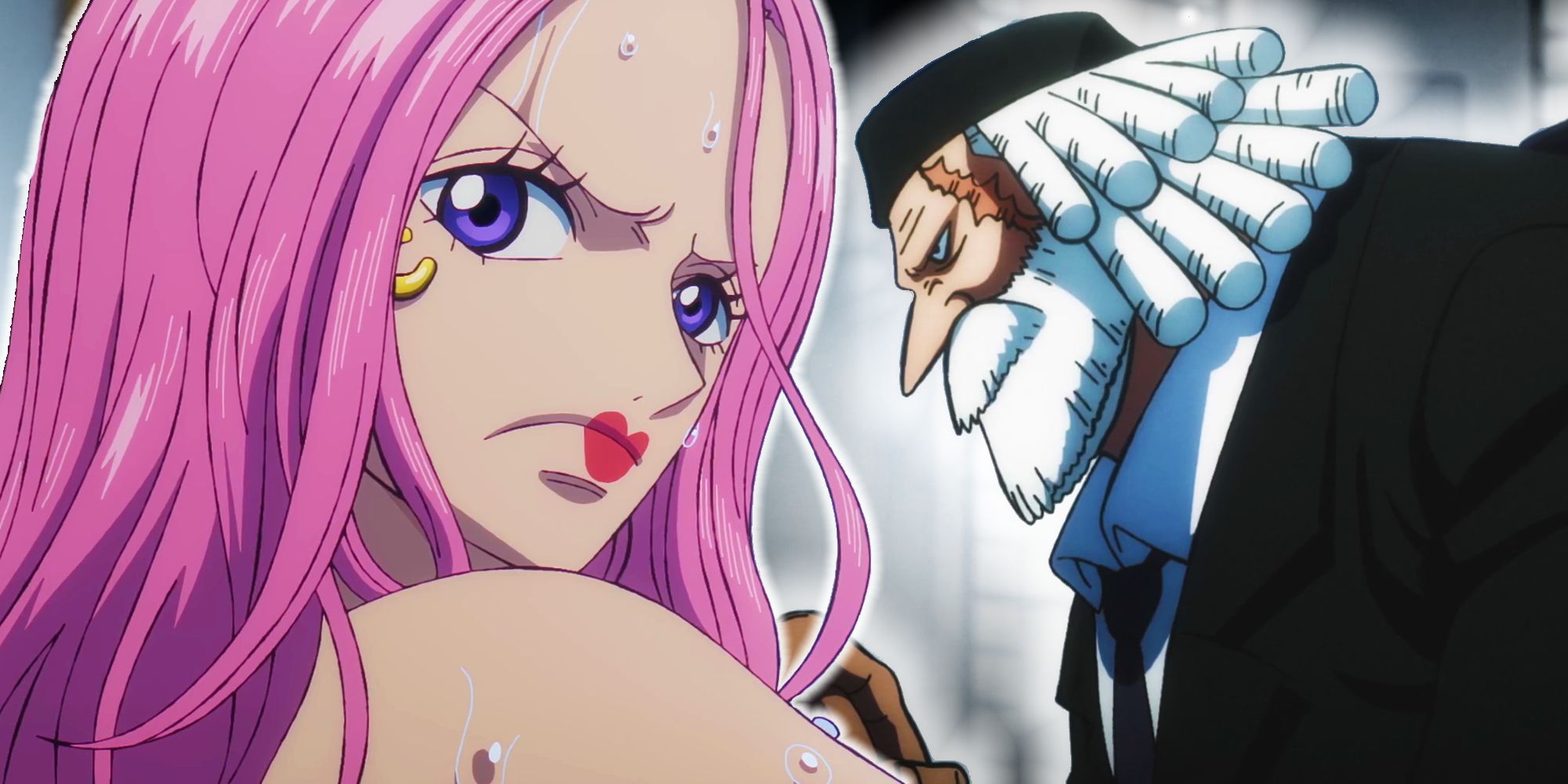 Bonney in adult form looking serious over her shoulder with Saint Saturn behind her looking grim in One Piece