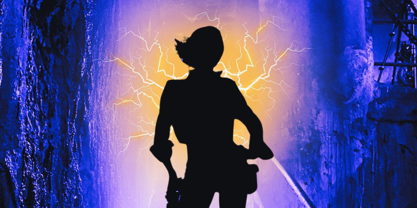 An outline of Lilith in the Borderlands movie set against a blue background with electricity crackling from the silhouette