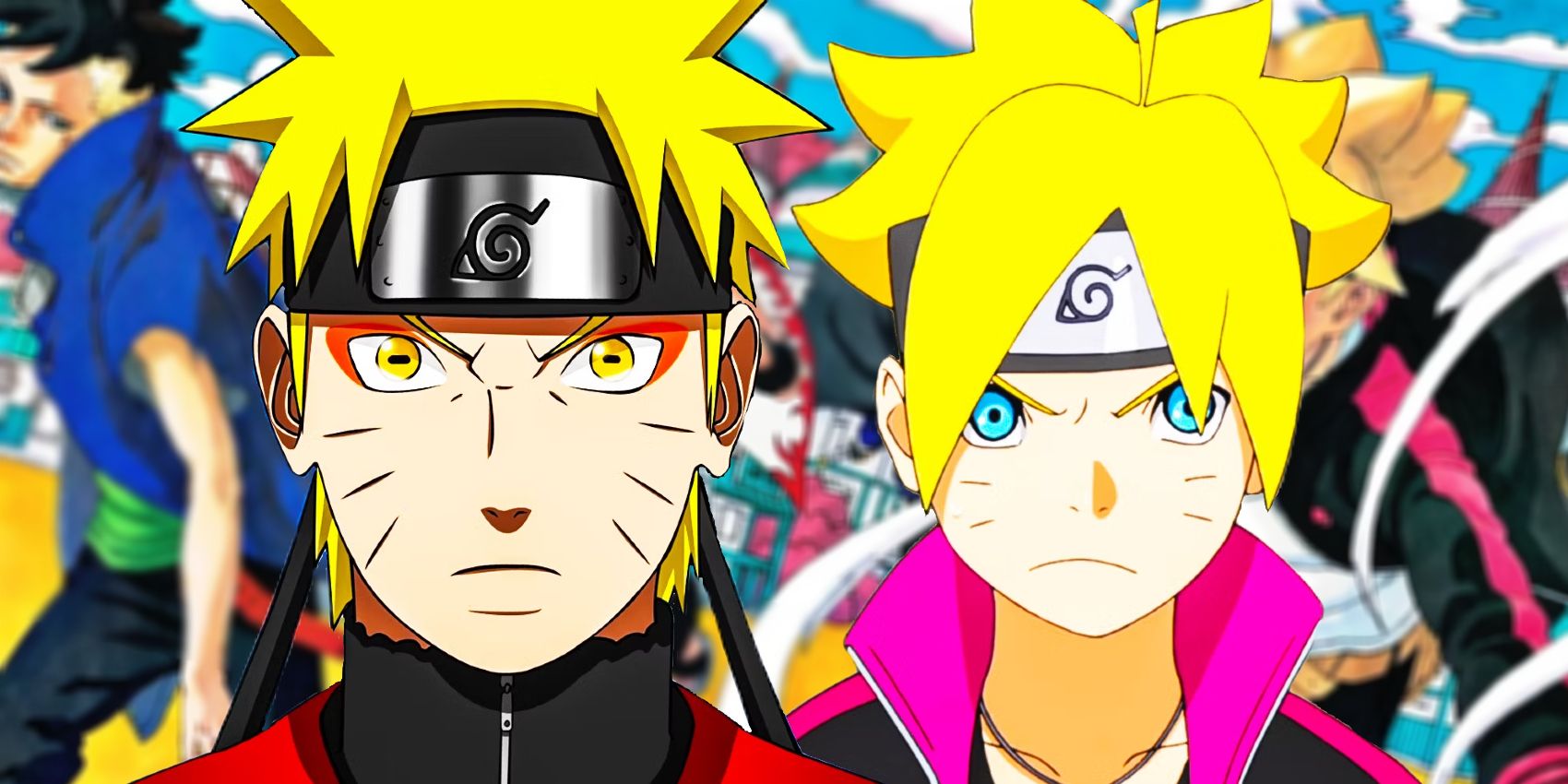 Naruto e Boruto aparecem em uma imagem estilo colagem em camadas na frente dos personagens de Boruto.