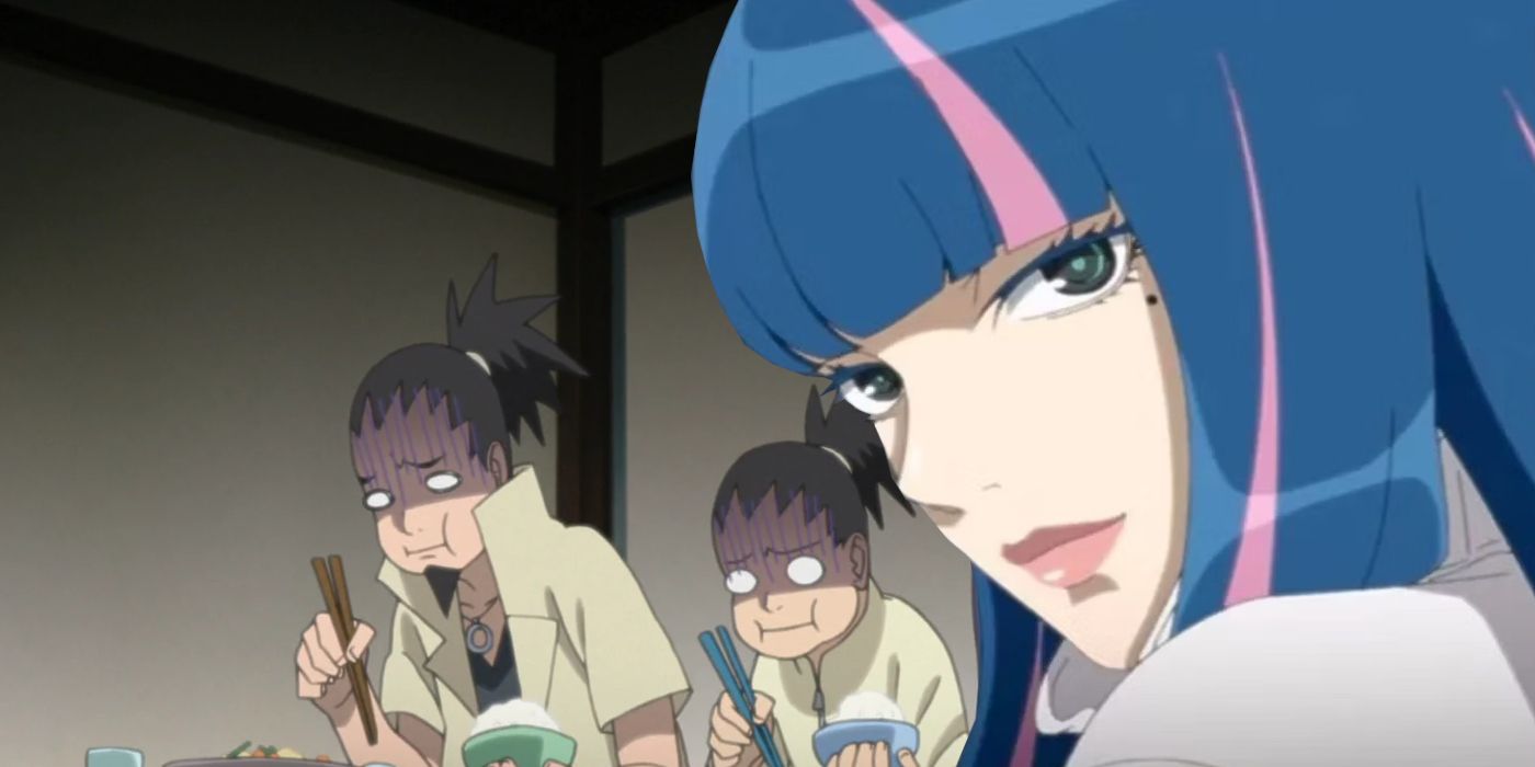 Image shows screenshot from Boruto anime with Shikamaru and his son Shikadai eating with nervous expressions while Eida's face towers above them.